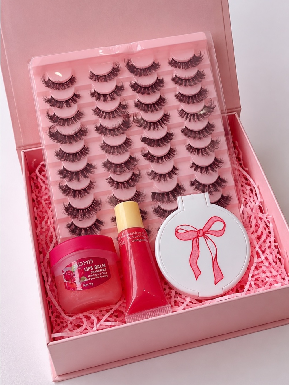 Pink Lash & Lip Beauty Set — Faux Lashes with Pink Lip Care and Compact